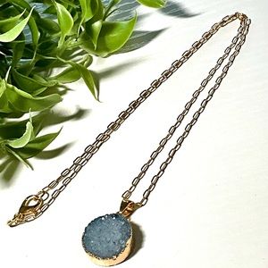 Lovely Druzy Quartz Pendant with Delicate Gold Tone Chain